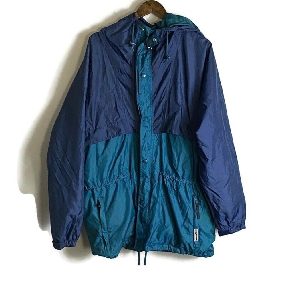 HELLY HANSEN Mens Green & Blue Windbreaker Hooded Jacket Size L Sail Packable